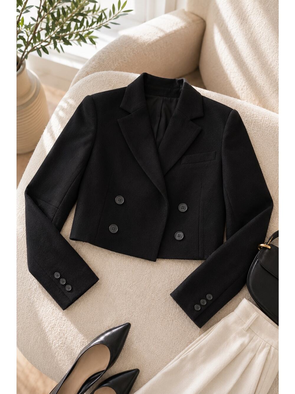 Maeve Anthropologie Cropped Double Breasted Blazer XS Black Structured Career